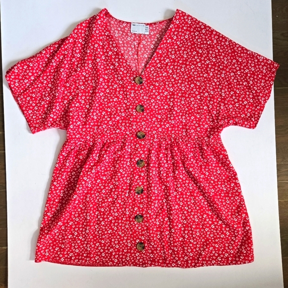 Asos Design red with white floral button down baby doll dress  sz US 4 - Picture 1 of 10